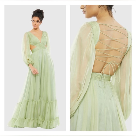 Mac Duggal 67948 NWT Green Pleated Cut Out Long Sleeve Lace Up Tiered Gown - Picture 1 of 11